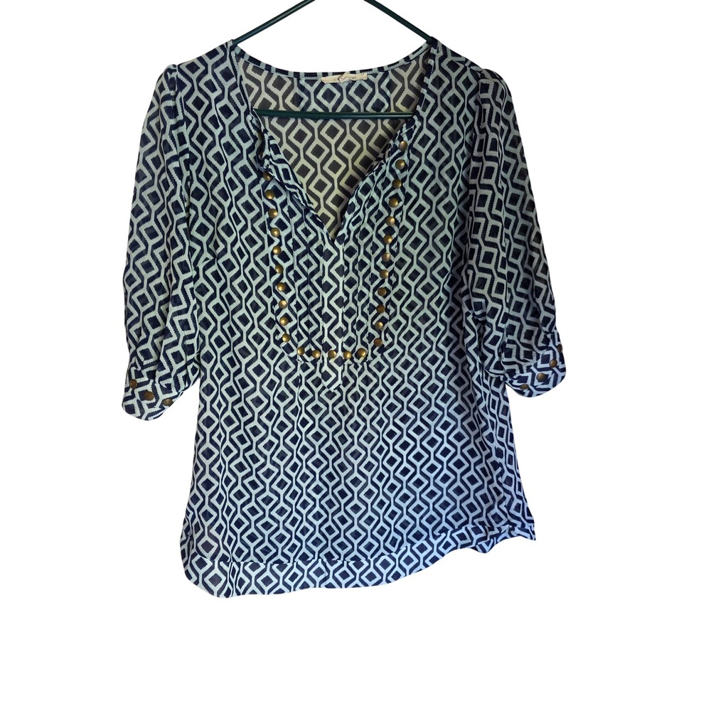 41 Hawthorn Womens Navy Blue Geometric Studded V-Neck 3/4 Sleeve Blouse Size M